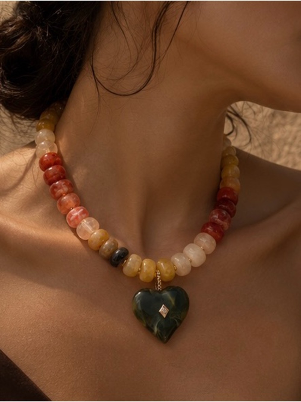 Multicolor Gemstone Heart Pendant Necklace Bohemian Summer Jewelry
